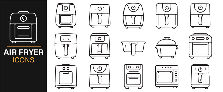 Modern air fryer and oven icons for food and culinary vector design.