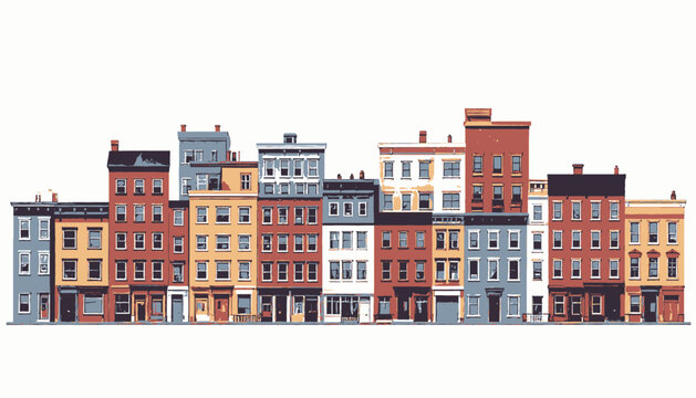 Illustration of various multi-story buildings in a row, with doors, windows, and color variety