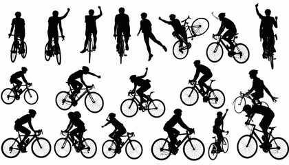Obraz premium Silhouettes of cyclists in various poses. Riders on road bikes, some with raised arms