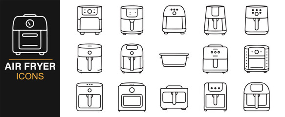 Minimal outline kitchen icons for oil-free air fryer illustrations.