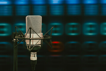 Professional microphone and sound mixer in radio studio