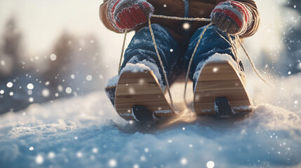 Child on a wooden sled gliding down a snowy hill in winter  