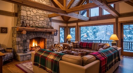 Cozy mountain lodge living room with roaring fireplace and snowy forest view offers ultimate winter retreat comfort