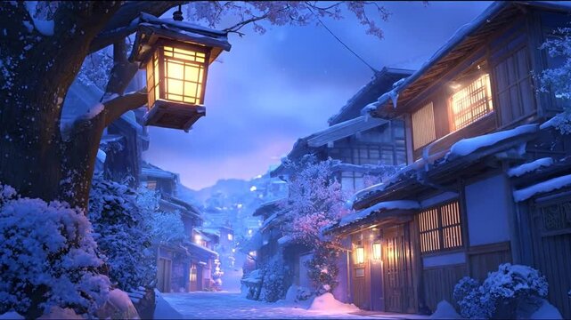 Snowy scene traditional japanese houses with lanterns illuminated against a blue sky