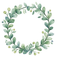 Watercolor hand painted green floral banner with silver dollar eucalyptus isolated