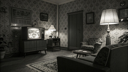 Black-and-white TV broadcasting news, mid-century living room, patterned wallpaper,\