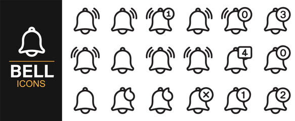 Notification bell icon collection for user interface and app design.