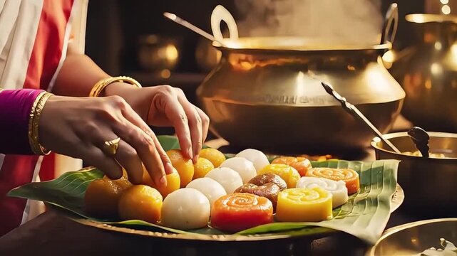 Preparing traditional sweets on a banana leaf for Jagaddhatri Puja celebration