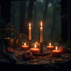 Fairytale image of burning candles in the dark