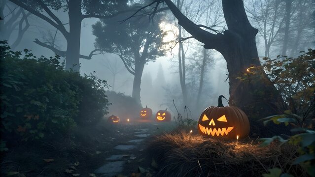 Spooky Halloween pumpkins glowing eerily in foggy forest path