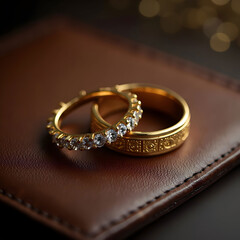 Jewels sparkle in the golden wedding rings lying on the leather