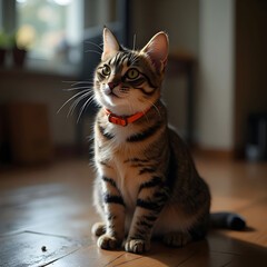 Portrait of beautiful purebred pussycat with shorthair and orange collar on neck sitting on floor reacting on camera flash and scared looking to light indoor