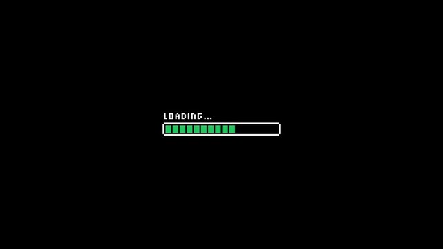 Pixel art loading bar animation 8-bit with green bar. HD 4K animation of loading with pixel art style.