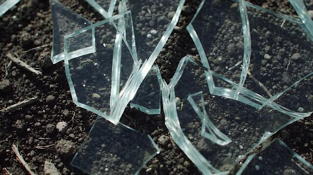 Close Up of Dangerous Broken Glass Shards Scattered on Dark Earth Ground - Shattered Fragments Reflecting Light and Creating a Hazard After an Accident or Vanda