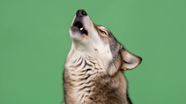 A wolf with brown and grey fur is howling, its head tilted upwards against a solid green background.