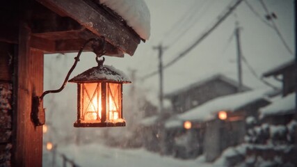 Snowy scene a warm lantern illuminates the night in a picturesque winter village - Powered by Adobe