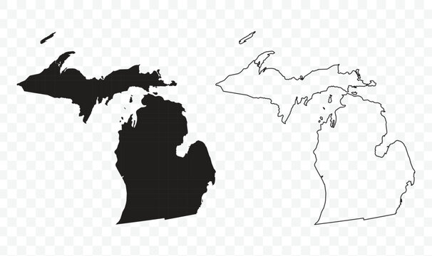 Outline and black silhouette map of Michigan state, one of the Great Lakes states