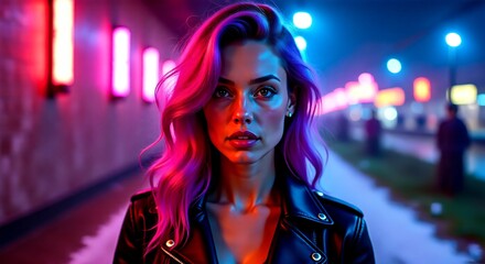 Futuristic portrait of a cool woman with magenta hair and an intense gaze, wearing a biker jacket in a dark cityscape illuminated by vibrant neon signs