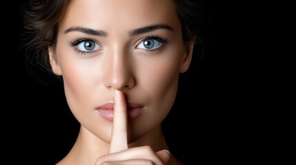 Naklejka premium Woman making a shushing gesture with finger pressed against lips