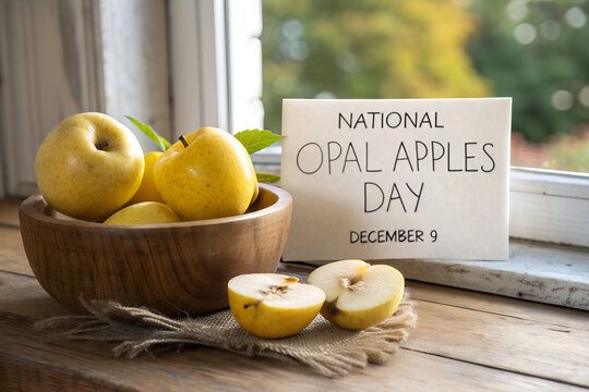 "Rustic windowsill scene with wooden bowl of fresh yellow Opal apples, apple halves, cozy natural setting, and seasonal celebration of National Opal Apples Day" generative ai