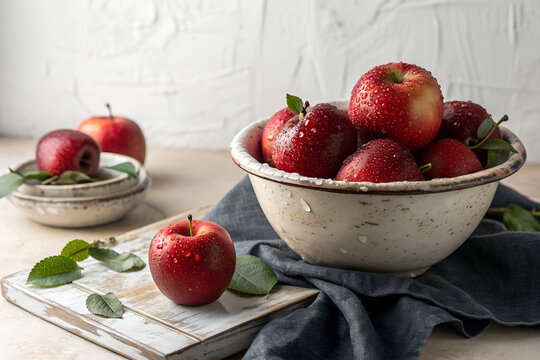 "Rustic kitchen scene with ceramic bowl of fresh red apples, water droplets, dark cloth contrast, ceramic dishes, green leaves, and textured white backdrop" generative ai