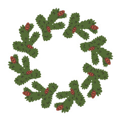 Circular green wreath made of pine branches with pinecones, perfect for holiday decorations and seasonal festivities