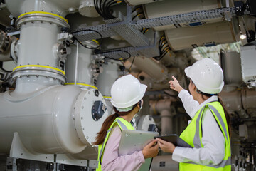 Observing and inspecting high voltage equipment at a power substation, two female engineers in safety vests and helmets use a tablet and laptop to ensure accuracy, teamwork, and workplace safety.