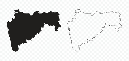 Black silhouette and outline maps of the Indian state of Maharashtra