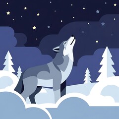 Wolf howling under starry night.