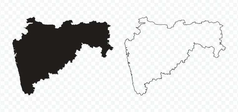 Black silhouette and outline maps of the Indian state of Maharashtra