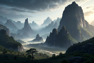 "Majestic mountain landscape with jagged peaks, misty valleys, and ethereal clouds, dramatic natural scenery evoking mystery, serenity, and exploration" generative ai