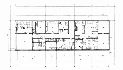 A detailed black and white architectural floor plan with rooms, dimensions, and layout features