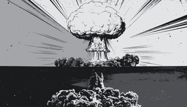 A grayscale illustration of a nuclear explosion mushroom cloud rising amidst radiating beams