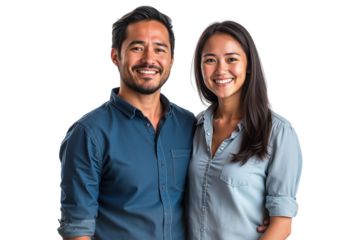 Cheerful happy Asian couple smiling and standing side by side, isolated on transparent background