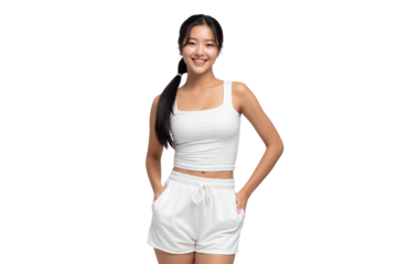 Full body portrait of a smiling young beautiful Asian woman in a white tank top and shorts, healthy lifestyle, isolated on transparent background