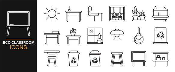Eco interior and school outline icons showing green awareness and reuse.