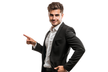 Stylish young businessman in a black suit, smiling at the camera and pointing his finger to the side, isolated on transparent background