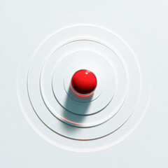 A central red button surrounded by concentric circles on a minimalist white background, creating a striking visual contrast.