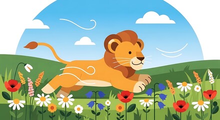 Lion Cub Running Spring Meadow.