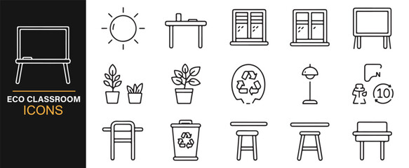 Green education outline icons for eco-friendly classroom illustration.