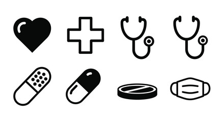 Medical symbols including hearts pills stethoscopes and protective face masks
