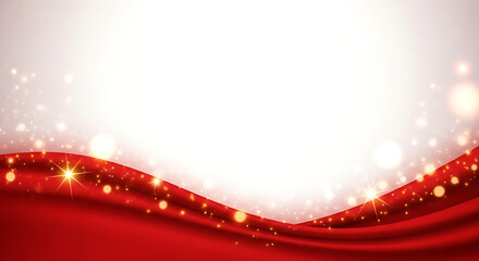 Elegant celebratory background featuring a flowing red silk wave with golden glitter and shimmering light effects