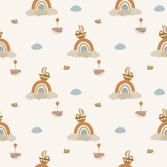 Sailboat on the rainbow cartoon so cute. On balloon whale cloud bird background. Pattern seamless vector illustration. 