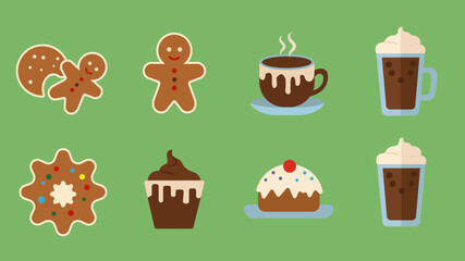 Delightful collection of festive sweet treats and warm beverages, perfect for holiday celebrations and cozy moments, featuring gingerbread, cupcakes, and hot drinks