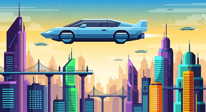 Futuristic City Flying Car Sunset. (2)