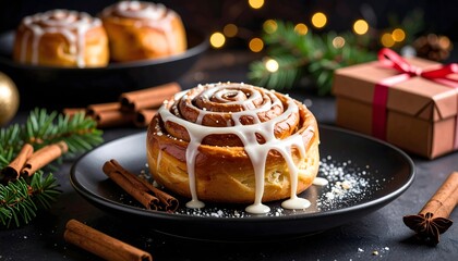 Photorealistic cinnamon roll swirl with icing cascade, black plate