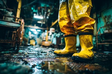 Low-angle shot of a worker's feet in bright yellow rubber boots and protective trousers standing in a dark, wet, and messy industrial or hazardous environment.