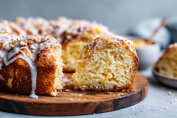 Close-up of a sliced, moist coffee cake with a citrus glaze and chopped nuts on a wooden board, showcasing its rich, fluffy texture and sweet indulgence.