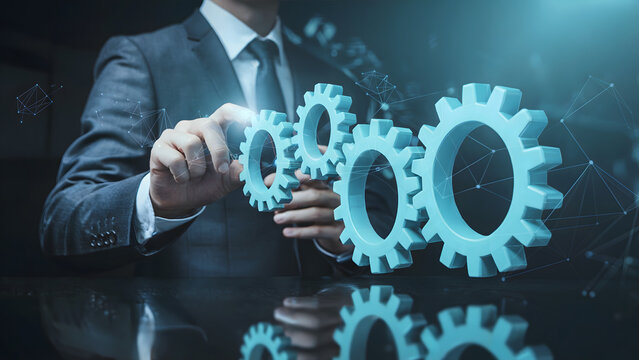 Professional businessman skillfully orchestrates interconnected gears symbolizing innovation, strategy, and seamless workflow for business success.