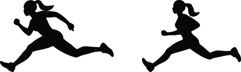 Silhouette of Two Women Running in Athletic Pose.